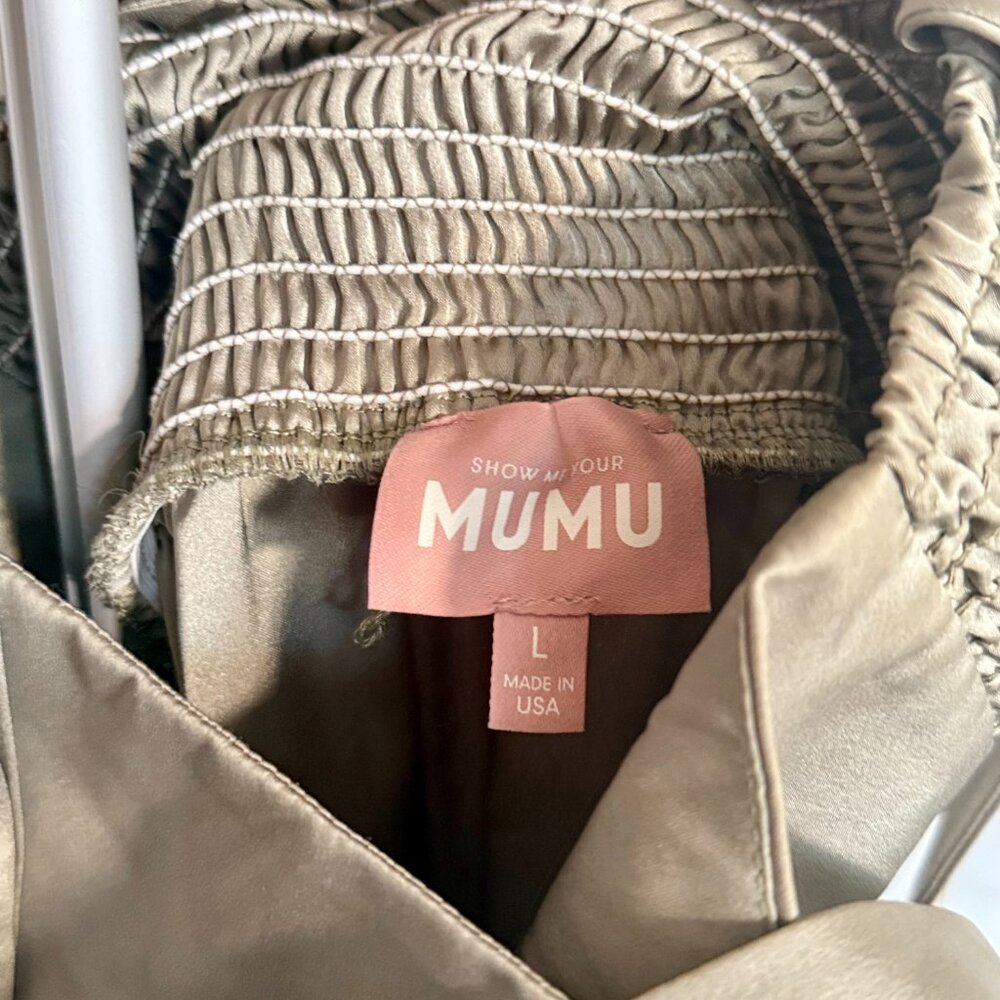 Show Me Your Mumu | Claire Midi Dress Moss Green Luxe Satin | Size L - Picture 3 of 6